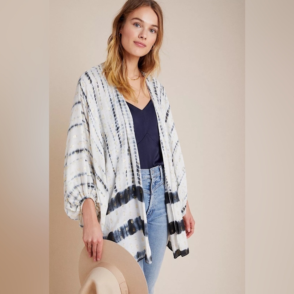 Anthropologie Blue Vada Shimmer Cocoon Kimono Flowly Boho chic OS swim cover up